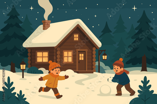 Sky cabin scene glowing illustration playtime pine near vector above children winter