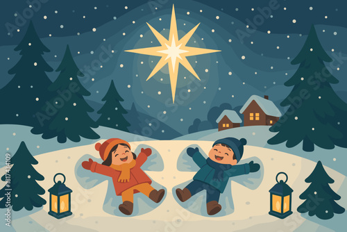 Pine illustration lanterns distance snow making s falling vector around winter children