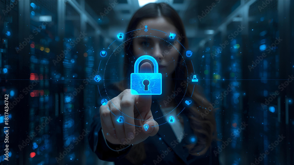 Naklejka premium Woman Activating Digital Cybersecurity Lock in Server Room