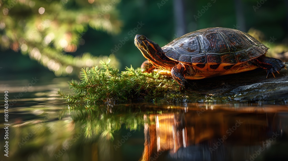 Obraz premium Painted Turtle Basking on Mossy Log in Serene Pond.