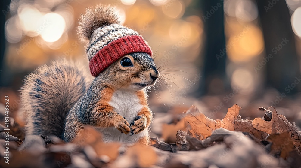 Fototapeta premium A cute squirrel wearing a winter hat in an autumn forest
