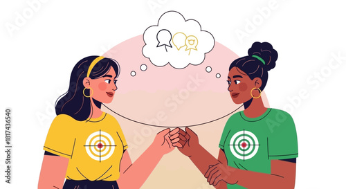 Two diverse women working together towards a shared objective, symbolizing collaboration, teamwork, and common understanding