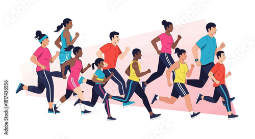 Diverse Group of Runners Illustration of People Running Together for Health and Fitness in Motion