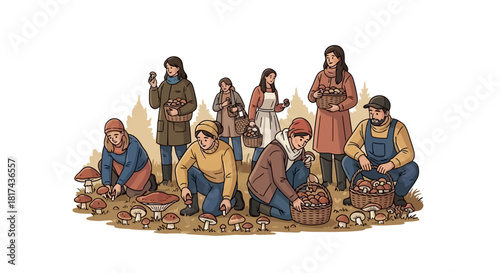 A group of people happily gathering mushrooms in a forest during autumn