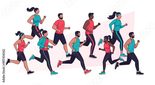Vector illustration of a diverse group of multi-ethnic men and women running together for fitness and exercise