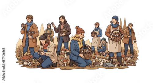 A beautiful illustration of a diverse group of people enjoying the autumn season by foraging for wild mushrooms in a woodland setting