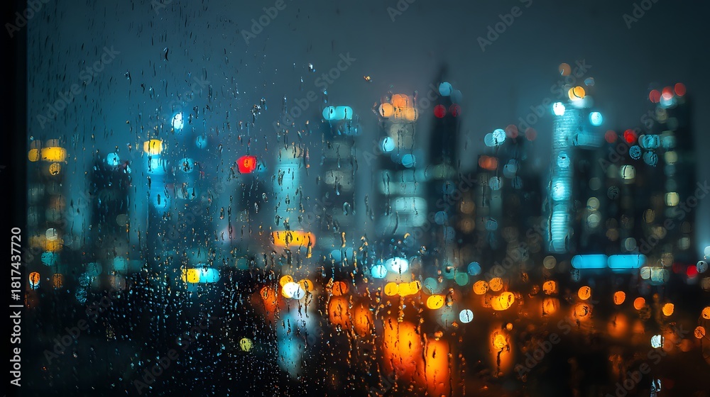 Fototapeta premium Rainy Night Cityscape with Blurred Lights and Reflections.