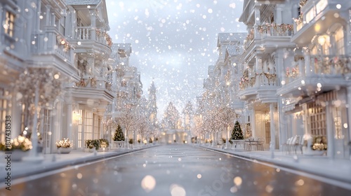 Snowy street scene with decorated buildings and trees, soft focus and bokeh