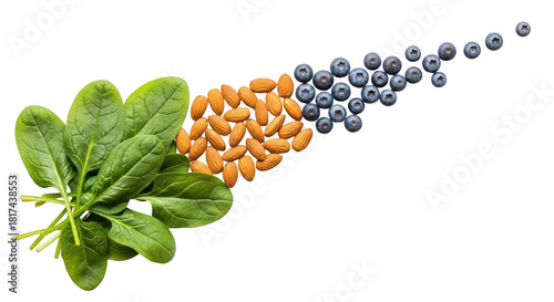 Fresh spinach leaves, almonds, and blueberries isolated on transparent background