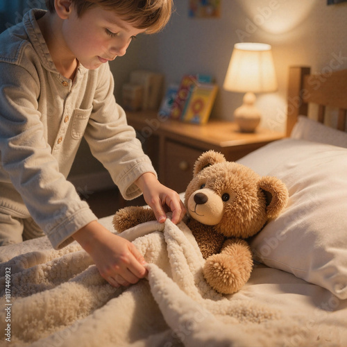 A child puts a teddy bear to bed against the backdrop of a cozy bedroom.
