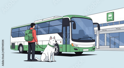 A person with a dog stands near a bus at a bus station, ready to travel.
