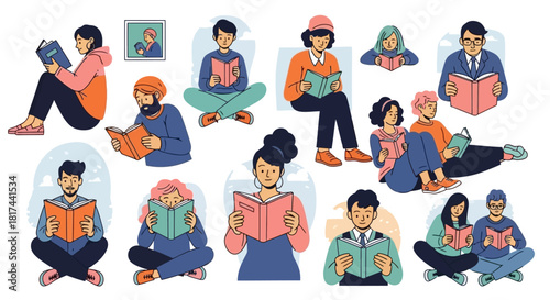 Collection of various people reading books in different poses, enjoying literature and knowledge.