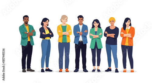 Diverse group of people standing with arms crossed.