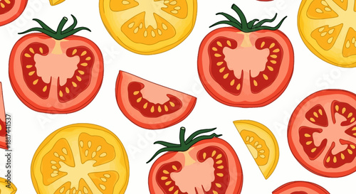 Seamless pattern background with red and yellow tomatoes, whole, halved, and sliced wedges on a white backdrop.