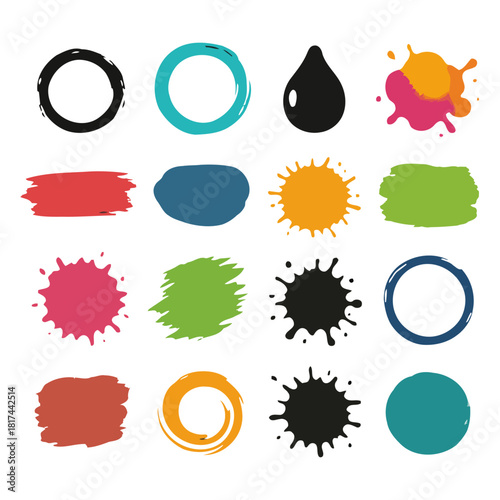 Colorful Splatters and Strokes: A vibrant assortment of artistic elements bursts with dynamic energy, showcasing diverse shapes and textures perfect for adding a splash of creativity to any design.