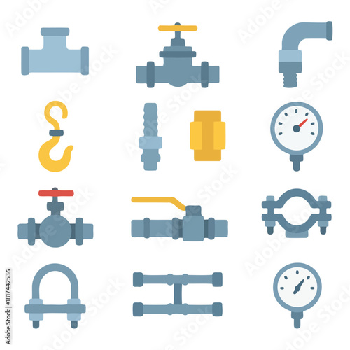 Pipe Fittings and Gauges: A detailed collection of essential plumbing elements, perfect for illustrating industrial projects and engineering concepts.