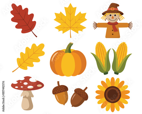 Autumn harvest elements clipart set featuring pumpkins, fall leaves, corn, acorns, mushroom, sunflower, and a cute scarecrow for seasonal decoration artwork.