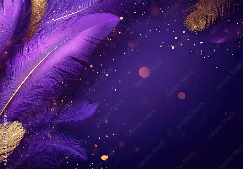 Obraz premium A purple background with feathers and glitter, in a carnival theme, with copy space on the right side