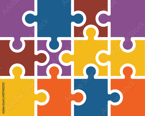 Puzzle pieces illustration featuring colorful interlocking shapes arranged in a seamless pattern, perfect for kids, activities, educational materials, posters, games, and creative design projects.