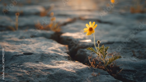Single yellow flower growing through a crack in dry, parched earth.