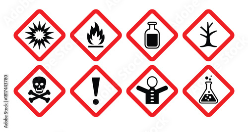 Hazard warning safety icons set featuring eight bold pictograms with explosive flammable toxic chemical and environmental danger symbols for industrial safety awareness.