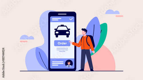 Traveler Ordering Online Taxi via Smartphone in Flat Pastel Illustration