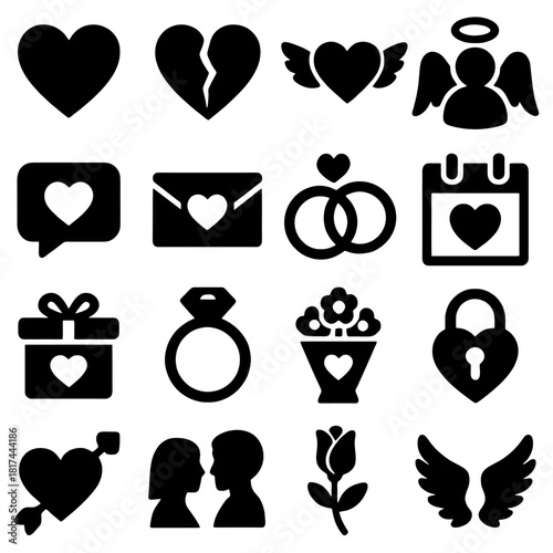 Love and Romance Icons: A compilation of love-themed icons representing various symbols associated with romance, passion, and affection. These are perfect for designs related to love, relationships.
