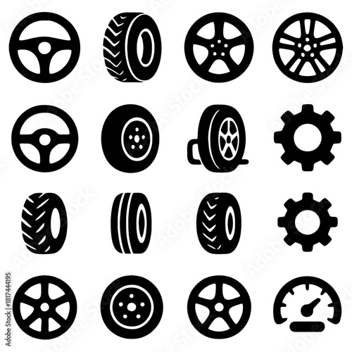 Automotive Parts Collection: A dynamic display of diverse automotive elements, presented in striking silhouette form, showcasing steering wheels, tires, gear, and gauges.