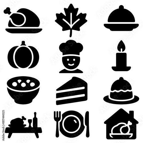 Thanksgiving Feast Iconography: A collection of icons representing the elements of a traditional Thanksgiving feast, from roast turkey to pumpkin pie. 