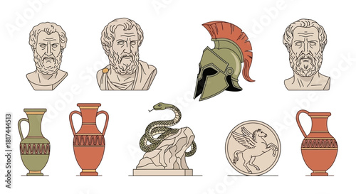 Ancient Greece Icon Set Depicting Philosophers, Pottery, Mythology, and Historical Symbols