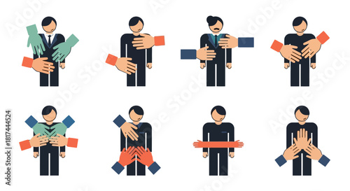 Various illustrations representing the concept of support, help, and assistance among people