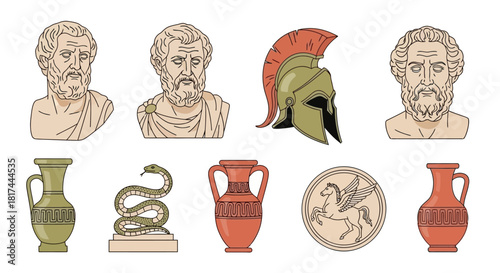 Ancient Greece Icon Set Helmets, Snakes, Vases, Statues, Pegasus