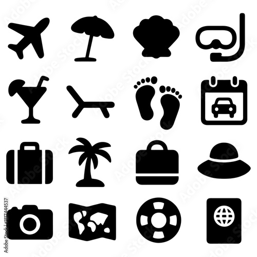 Travel Icon Set: A collection of black silhouette icons representing essential travel elements, perfect for conveying the essence of vacation, exploration, and adventure. 