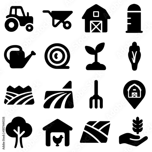 Farm Icon Set: A comprehensive collection of farm icons, featuring a tractor, wheelbarrow, barn, silo, and other essential elements of agriculture.