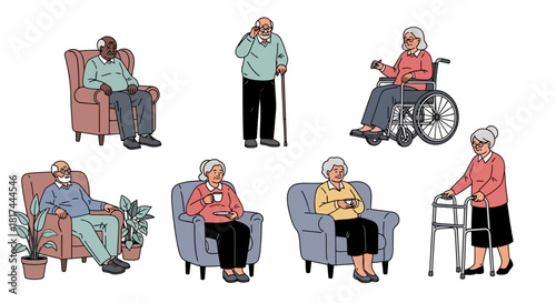 Diverse Elderly Individuals in Various Activities, Including Relaxation, Support, and Mobility