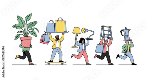 Lively illustration of people running with home items and shopping bags, representing moving, decorating, and new acquisitions for a vibrant living space