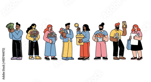Diverse group of people holding various items such as flowers, money, trophy, and a drink in a flat vector illustration