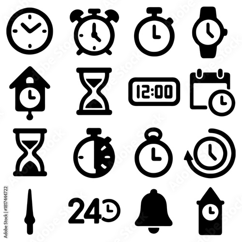 Time Icons: A visually informative collection of time-related symbols, meticulously crafted in a clean and uniform design, ideal for illustrating concepts of scheduling, duration.