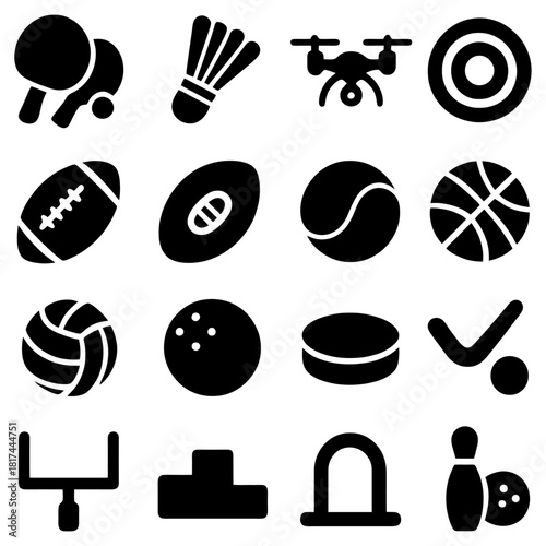 Sport Icons Collection: A collection of various sports icons in black and white, featuring a table tennis paddle and ball, a badminton shuttlecock, a drone, a target, a football, a rugby ball.