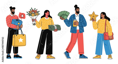 A collection of modern characters celebrating success and receiving rewards like gifts, money, and flowers