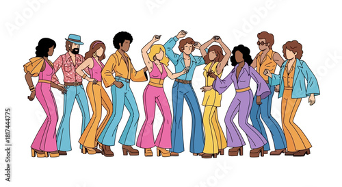 Groovy Crowd Retro Disco Party with Diverse Dancers in Vibrant Bell-Bottoms