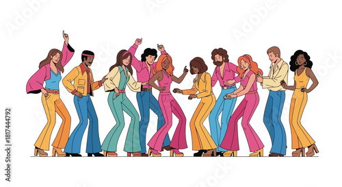 Diverse Group of People Dancing Together in Vibrant 1970s Outfits Retro Party Vibes
