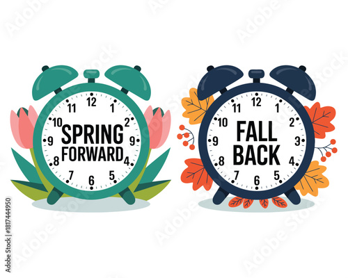 Spring forward fall back clock illustration featuring seasonal flowers, autumn leaves, vintage alarm clocks, and daylight saving time reminder artwork.
