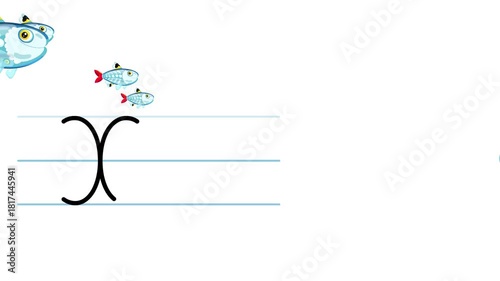 X letter writing like x – ray fish cartoon animation. A compatibile part of the alphabet serie. Handwriting educational style for children. Good for education movies, presentation, learning alphabet.