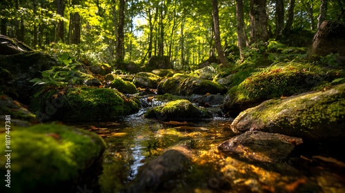 Sunlight filtering through a lush green forest with a clear stream flowing over moss-covered rocks.