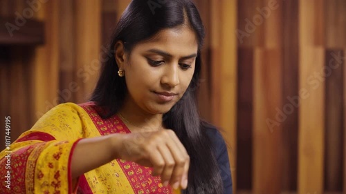 A beautiful young Indian woman in traditional yellow attire smiling as she admires the colorful powdered pigment in her fingers