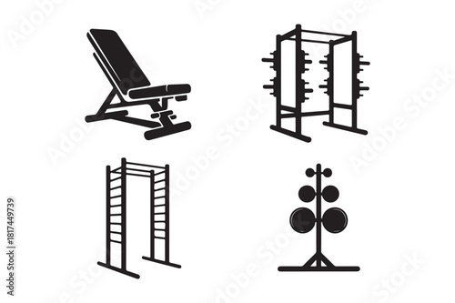 Collection of gym equipment silhouettes for workout and fitness