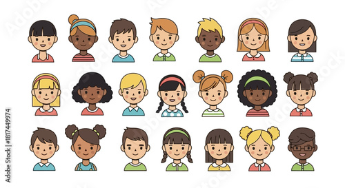 Diverse Group of Smiling Children A Vector Illustration Showcasing a Multicultural Array of Happy Kids in Cartoon Style