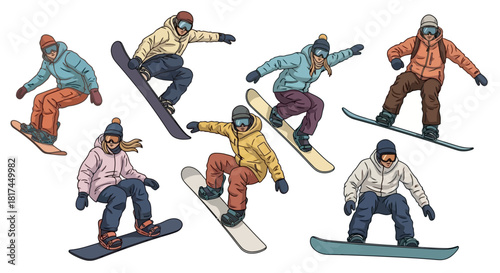 Diverse Snowboarders in Action A Colorful Vector Illustration Depicting Winter Sports and Adventure