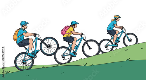 Cycling Uphill A Three-Step Progression of Mountain Biking on a Grassy Slope, Illustrated